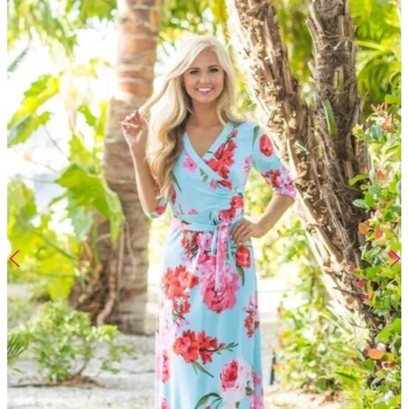 Pink Lily Womens Floral Wrap Maxi Dress With 3/4 Sleeves & Tie Waist - Picture 1 of 8